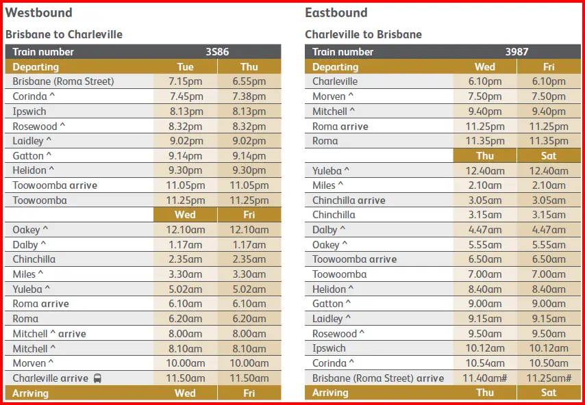 Westlander Timetable